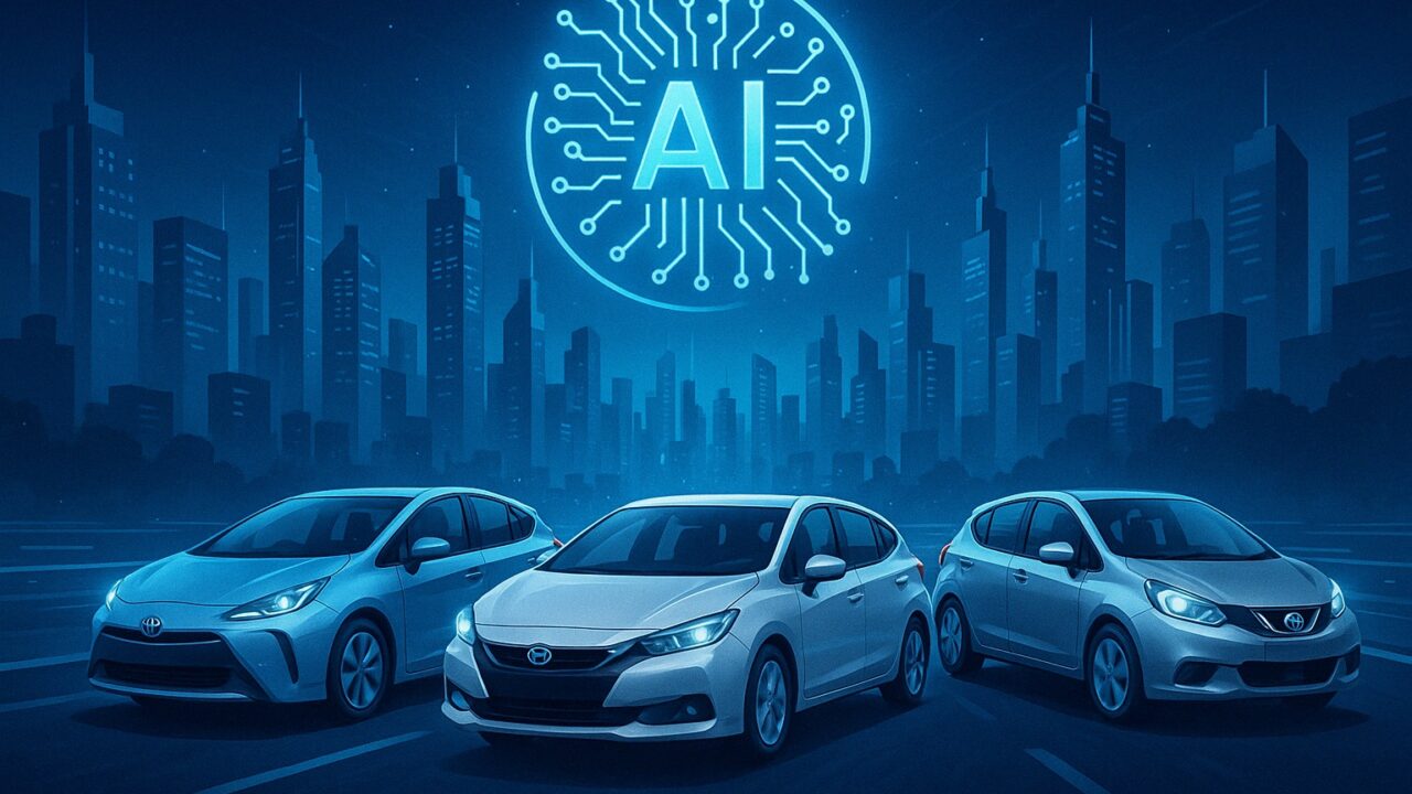 3台の日本車（プリウス、フィット、ノート）が近未来の都市を走る様子。背景には「AI」の文字と回路図が輝き、車種判別AIプロジェクトのスタートを象徴するデザイン。