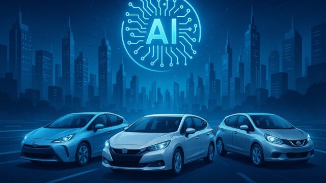 3台の日本車（プリウス、フィット、ノート）が近未来の都市を走る様子。背景には「AI」の文字と回路図が輝き、車種判別AIプロジェクトのスタートを象徴するデザイン。