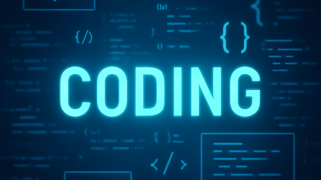 黒背景に「CODING」の文字が浮かび上がる、デジタル感あふれるイラスト